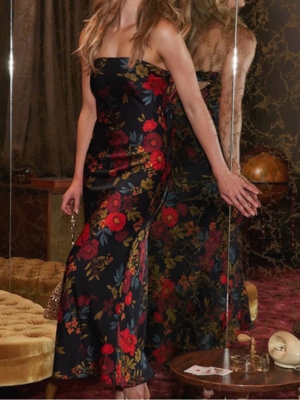 12th Tribe Natalia - Strapless Black Floral Midi Dress